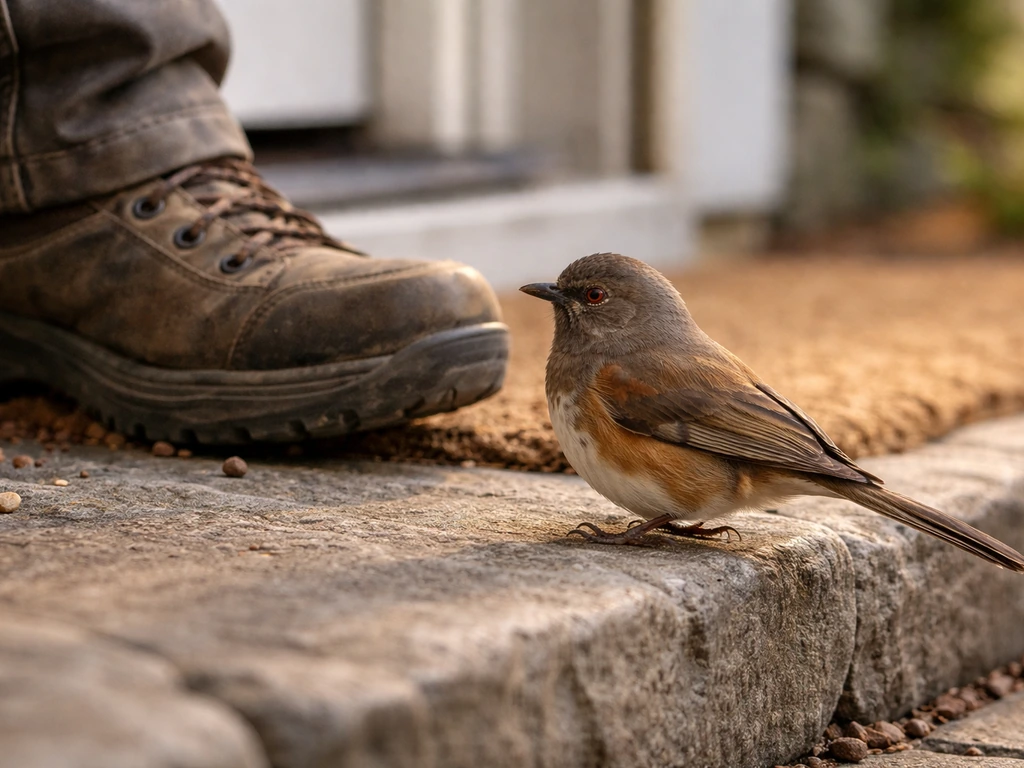 Small towhee hopping close to a person’s boot at a patio doorway threshold