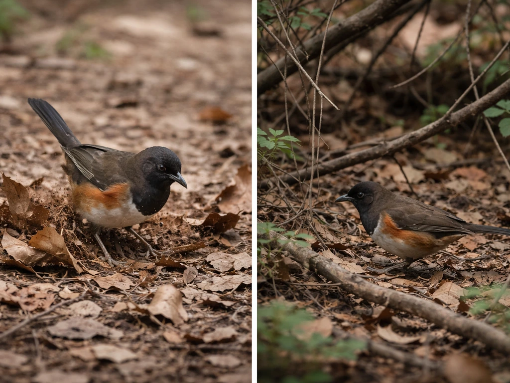 Two-panel-like photo: a towhee scratching leaf litter and another moving through underbrush