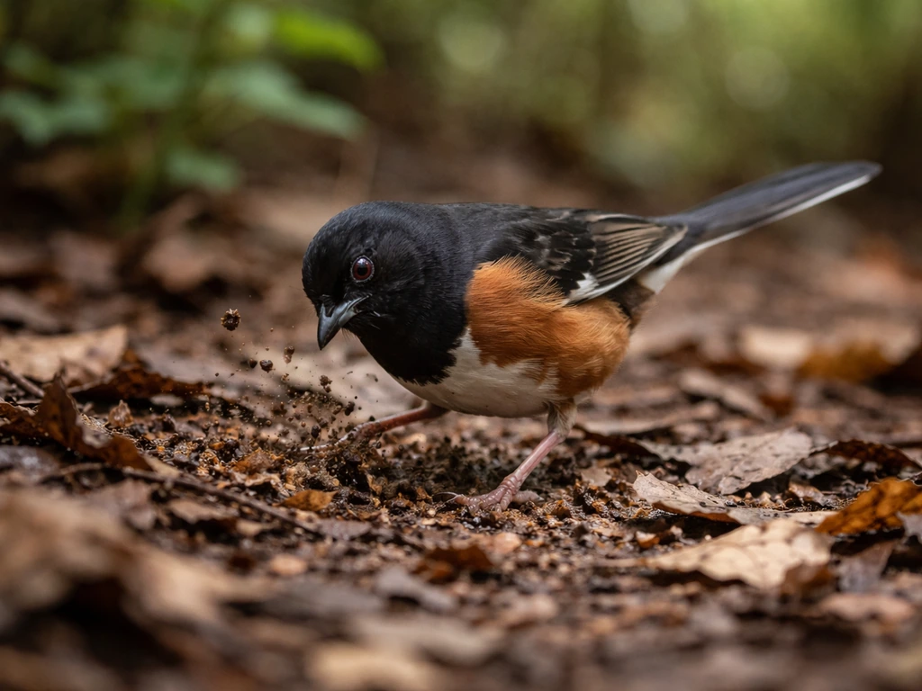 Towhee-like bird scratching through leaf litter on a forest floor, focused on grounding in nature.