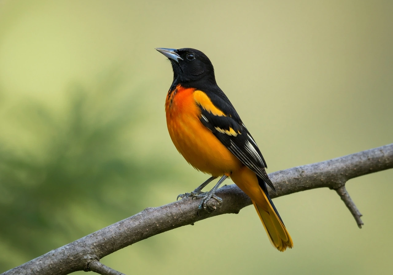 Baltimore Oriole perched on a branch with crisp orange-and-black feathers in soft natural light.