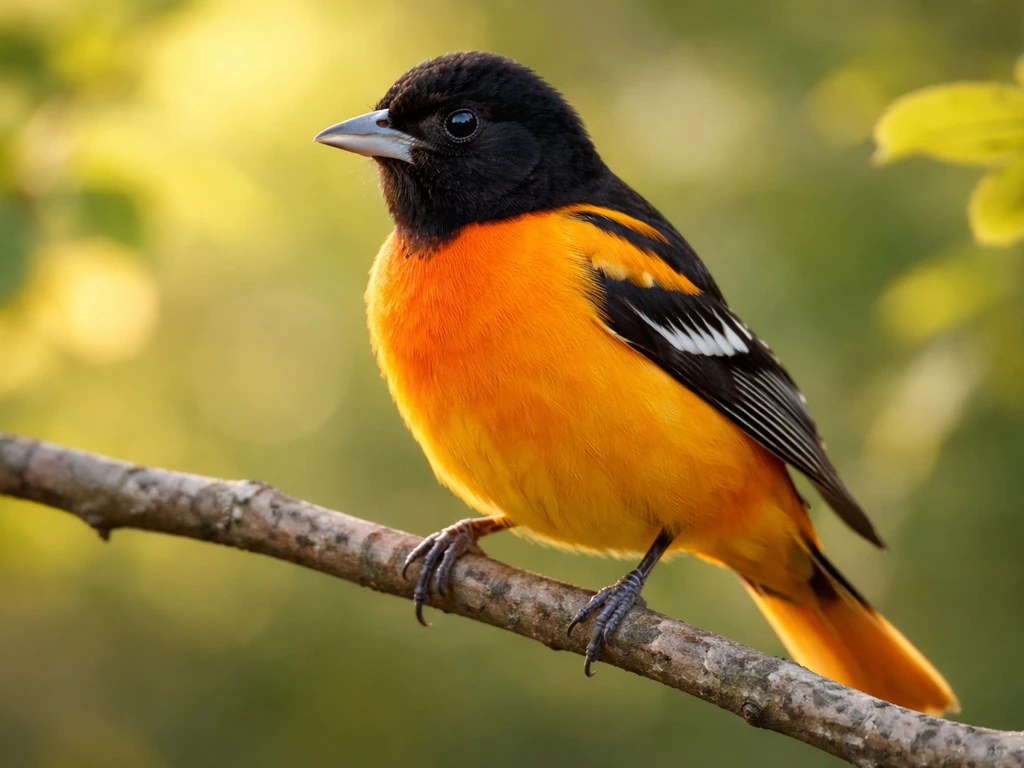 Close-up of a Baltimore Oriole perched, vivid warm orange feathers glowing in natural light.