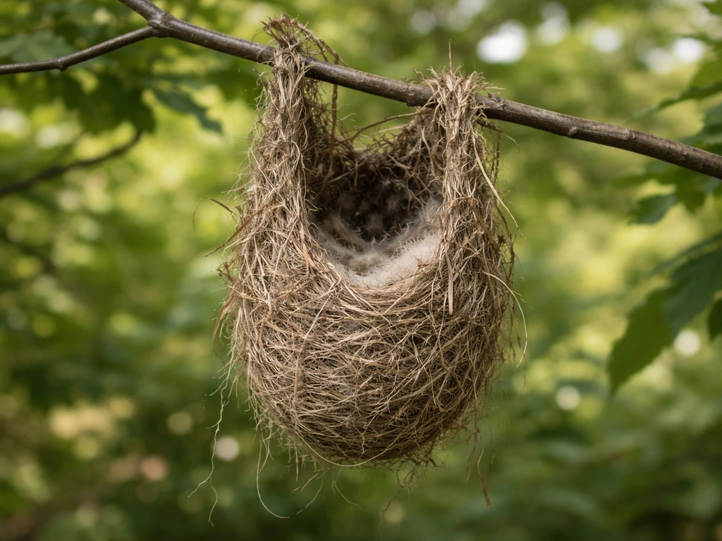 Baltimore Oriole-style hanging nest with layered fibers in a tree, softly lit and sharply focused.
