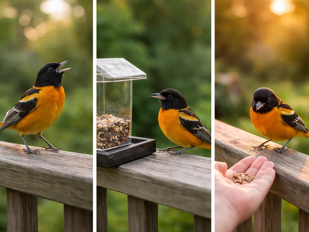 Three-frame style image of a Baltimore Oriole landing near a person’s hand across days, natural garden setting.