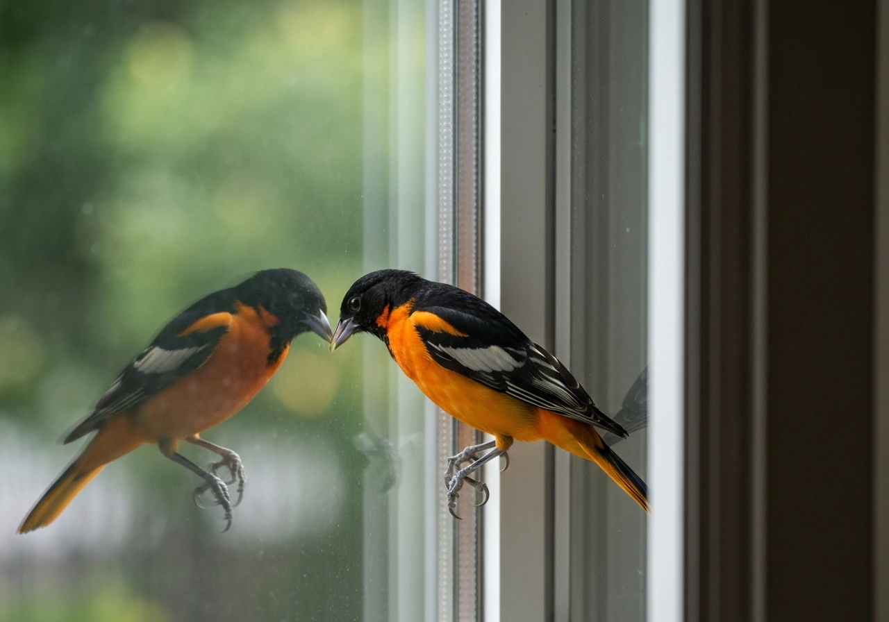 Baltimore oriole tapping pecks at a window, with clear glass reflection visible