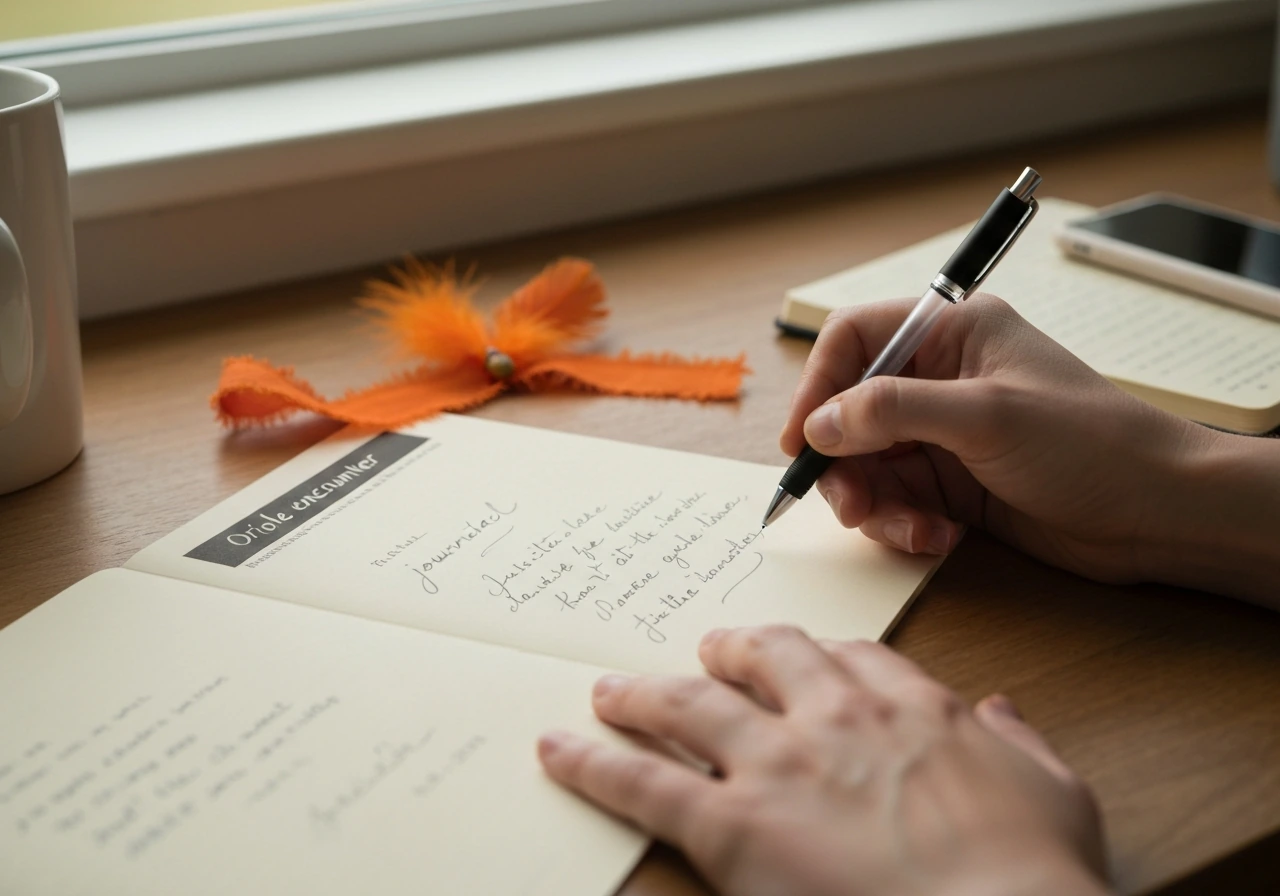 Handwritten journal page with an orange reminder beside a pen, capturing an “oriole encounter” journaling moment.