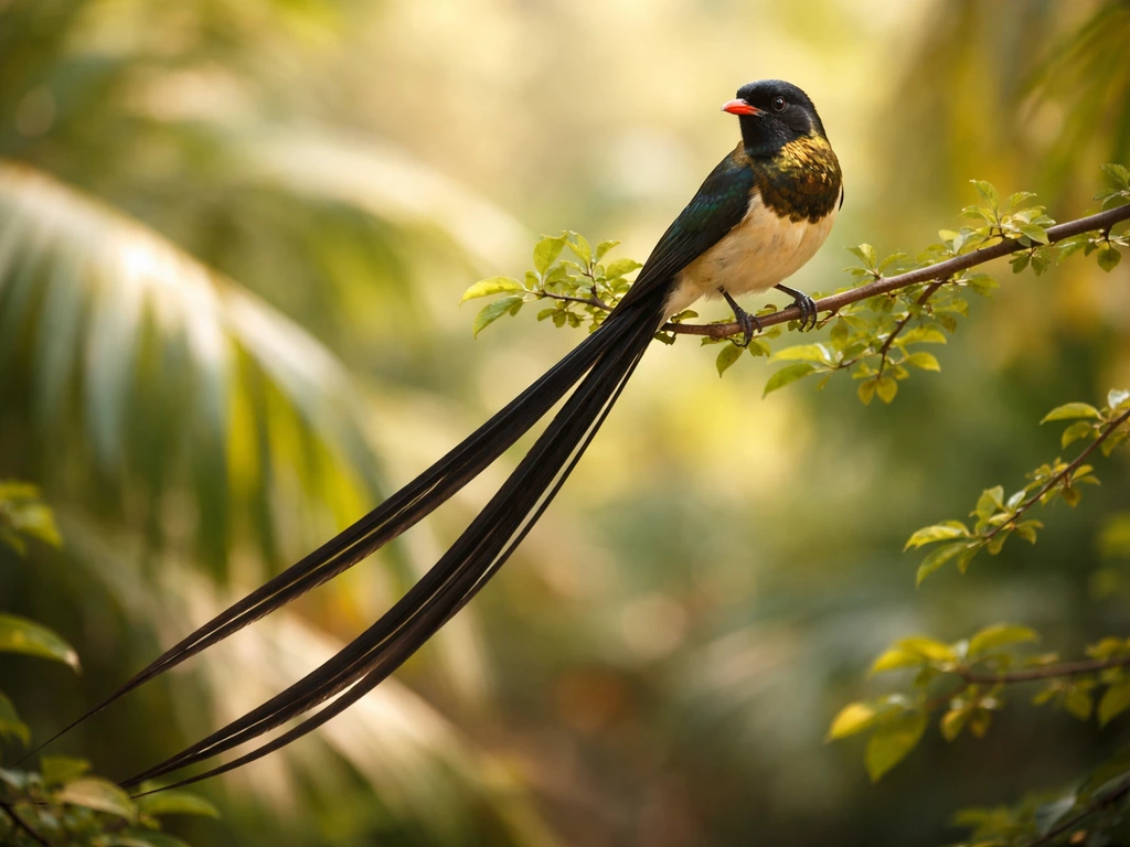 Vivid male whydah bird with long tail perched in warm natural light among green leaves.