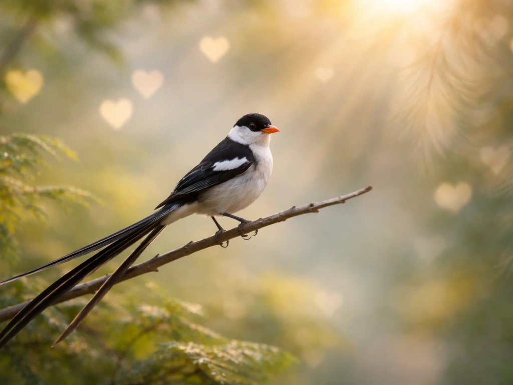 Whydah bird perched on a branch with warm bokeh hints of love and guidance in the background.