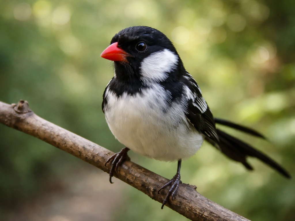 A small whydah perched very near the viewer on a nearby branch at eye level