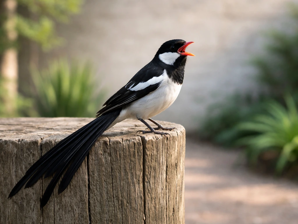 Whydah bird perched on a wooden post, throat open in a loud calling posture.