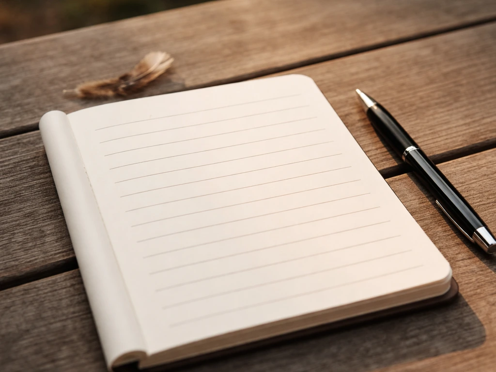 Open notebook with a structured journaling prompt, pen beside a small feather-like natural element outdoors.