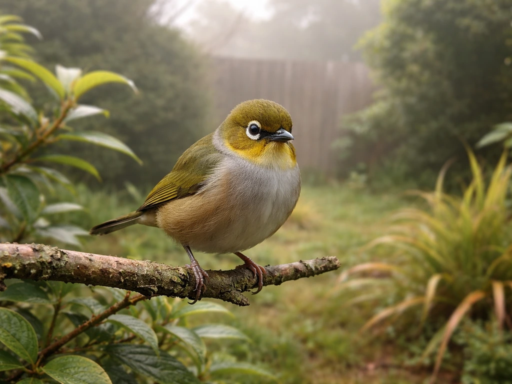 A tauhou/silvereye perched on a branch in a quiet New Zealand garden in natural morning light.