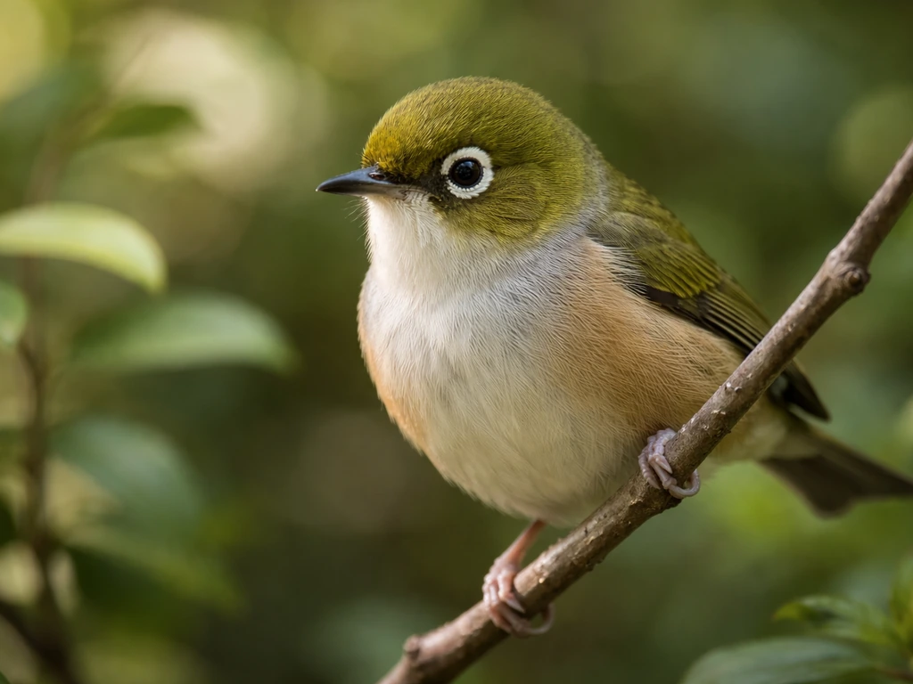 Silvereye (tauhou) perched on a twig, showing olive back and pale eye ring in a garden-like native setting.
