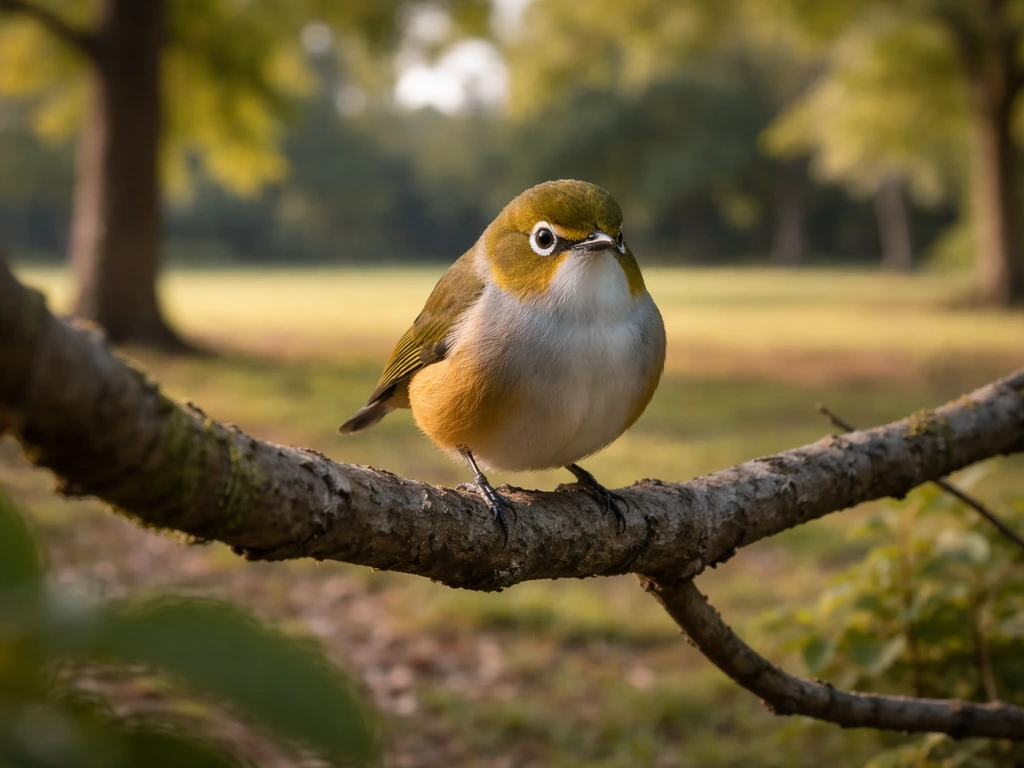 A small tauhou perched nearby as if spotted repeatedly, with the viewer at a short distance outdoors.