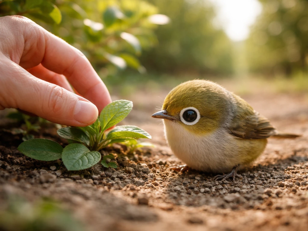Small tauhou-like creature foraging on the ground inches from a gently reaching hand in an orchard garden.