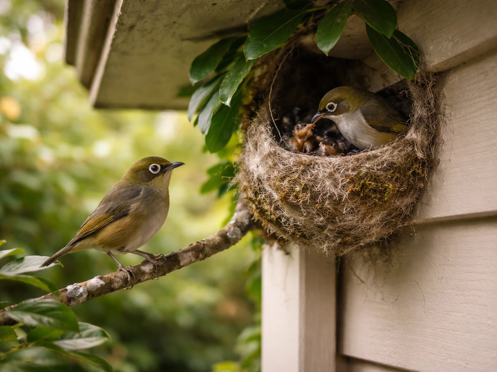Tauhou bird tending a small nest on a home eave above a garden shrub.