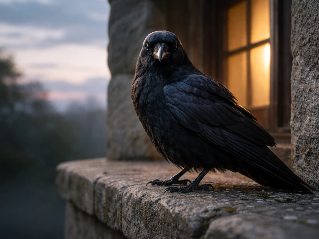 A realistic crow perched on a stone window ledge at dusk, with a misty sky backdrop.