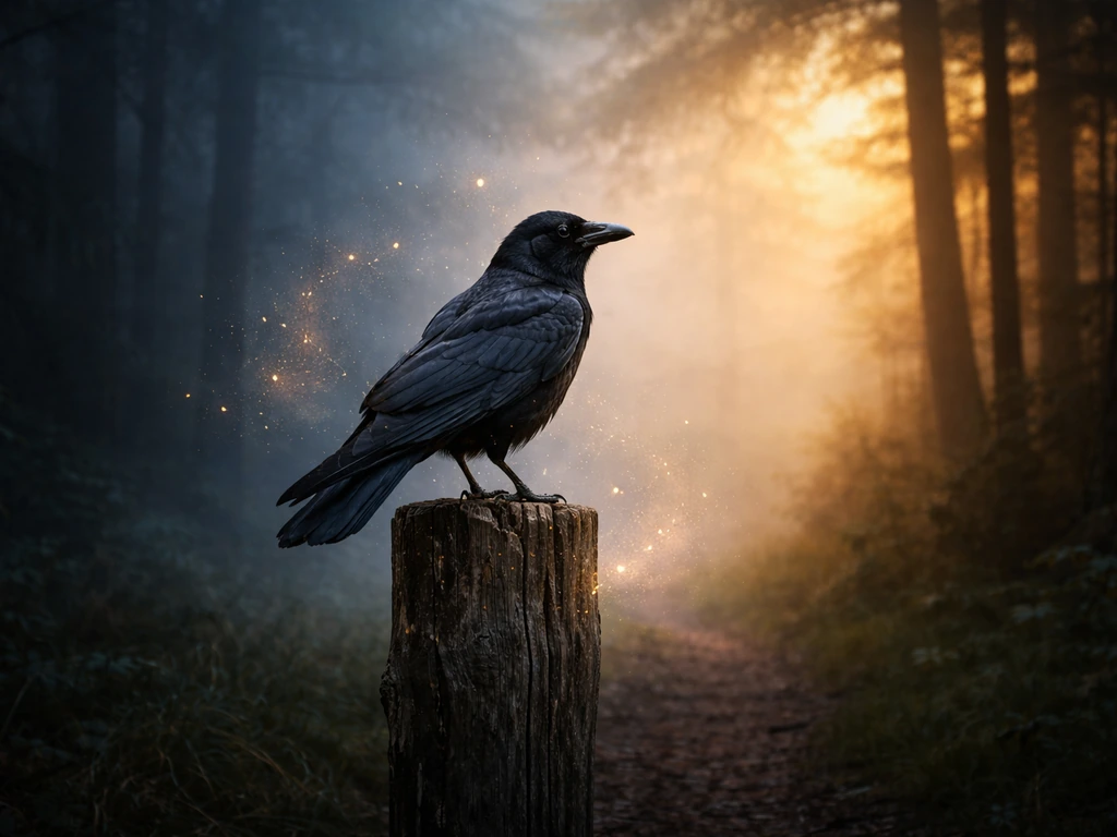 Single crow on a wooden post at a misty boundary between blue twilight and warm light.