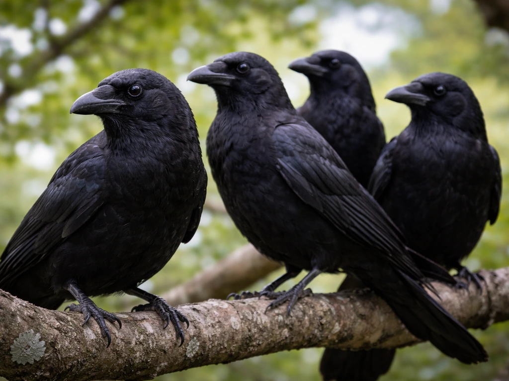 Several crows perched together on tree branches, close-knit family group in natural light.