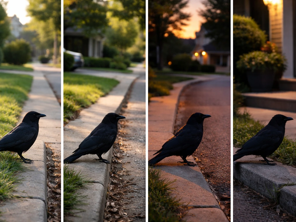 A simple timeline collage of a crow perched outside a home across several days and times.