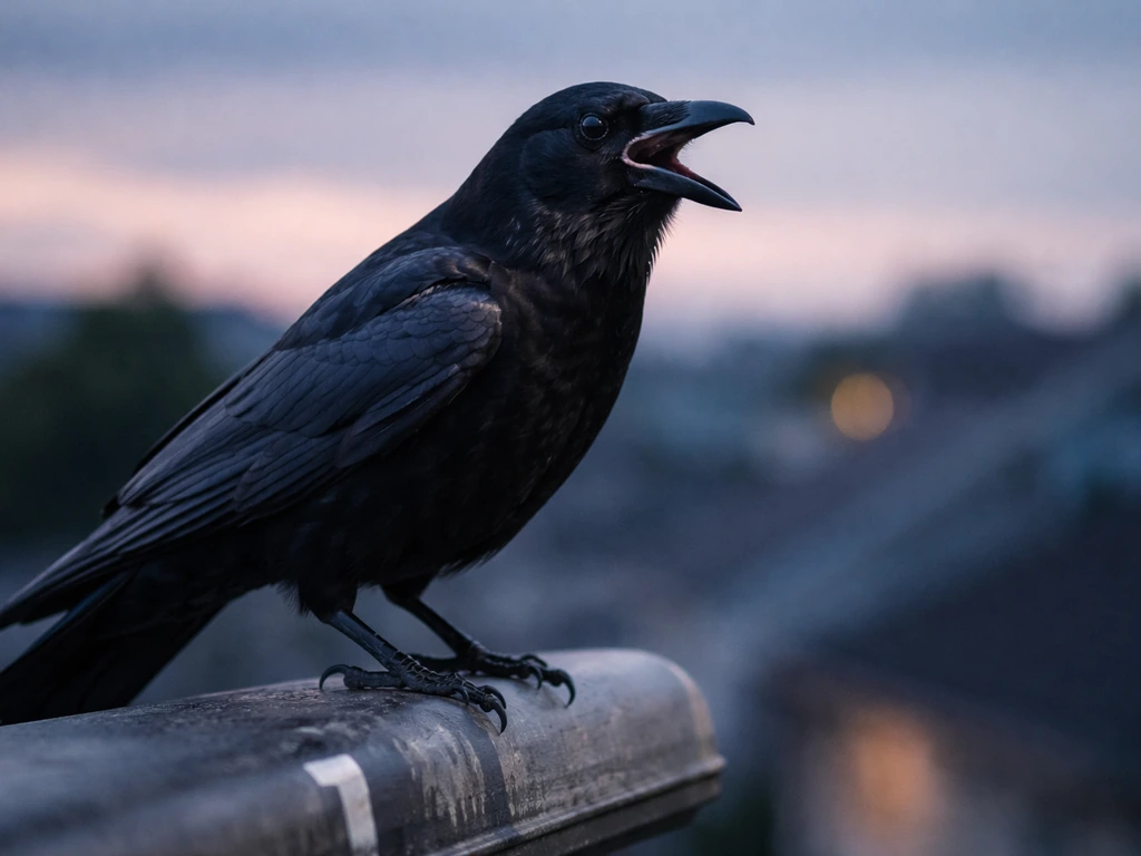 Close-up of a crow perched on a rooftop edge, mouth open mid-call under natural light.