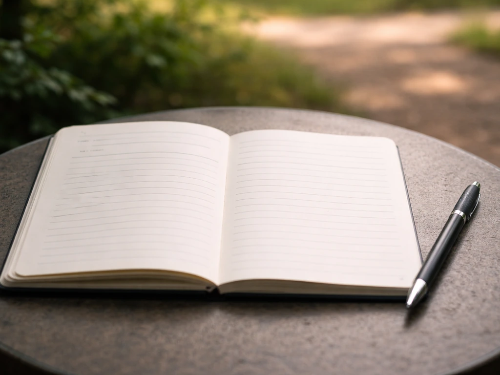 Notebook page with prompt-style lines and a pen, ready to log details of a crow encounter outdoors