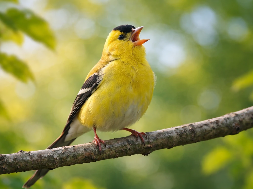 A finch perched on a branch, beak open as if singing, with soft green background bokeh.