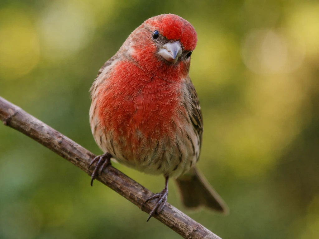 Close-up red finch with rich red plumage, soft natural background bokeh highlighting spiritual color