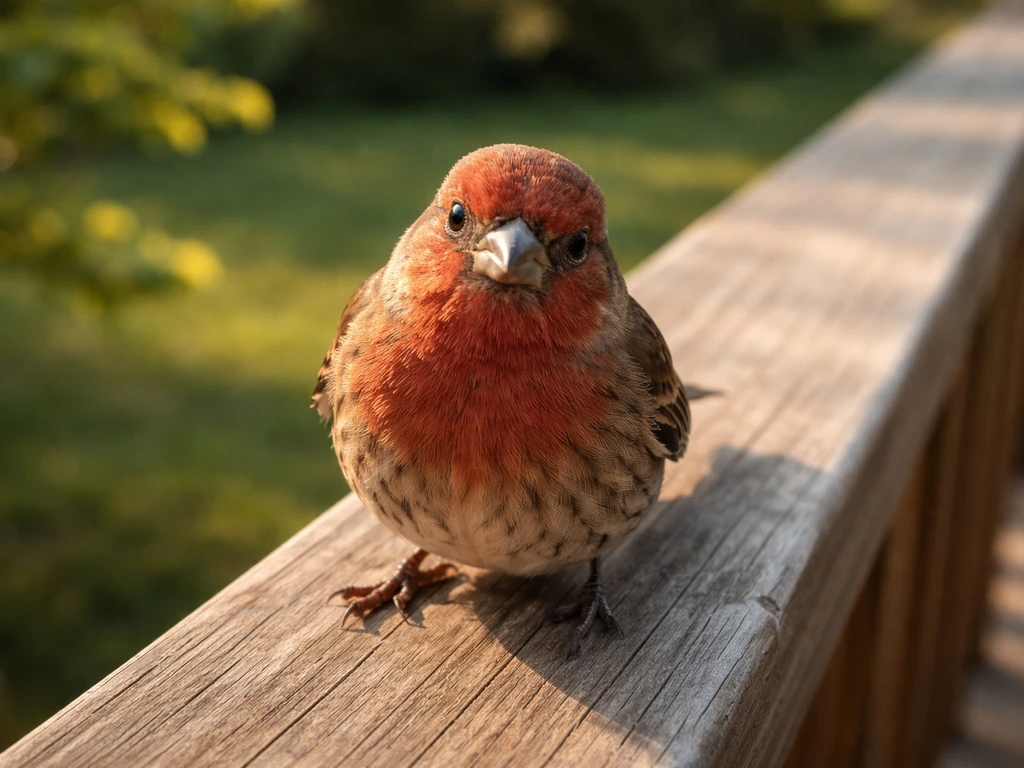 A finch perched close to the camera on a porch railing, with a softly blurred yard behind it.