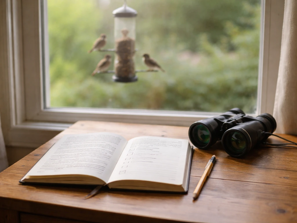 Handwritten journal and checklist beside a finch feeder outside a window