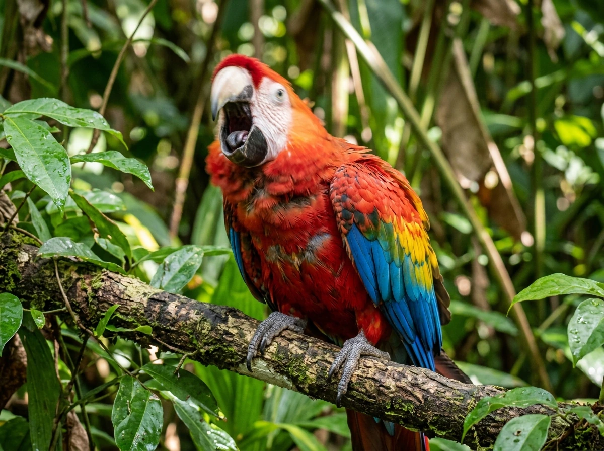 Close-up of a macaw calling with its beak open on a jungle branch.