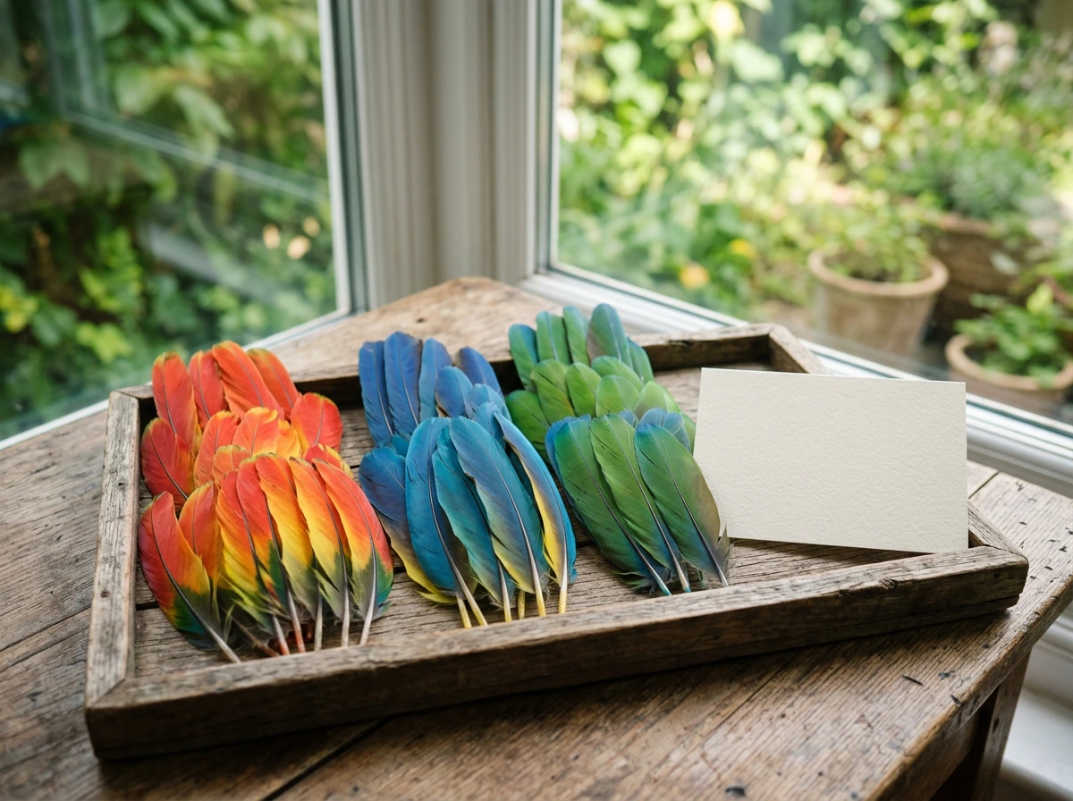 Colorful macaw feathers arranged to show color-based symbolism.