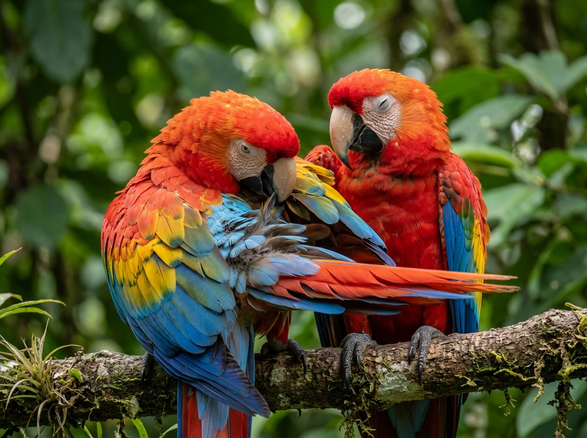 Two macaws preening each other while perched closely together.