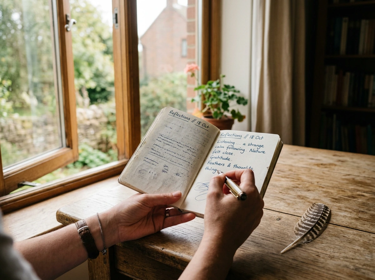 Hands journaling a macaw encounter with a feather on a table.