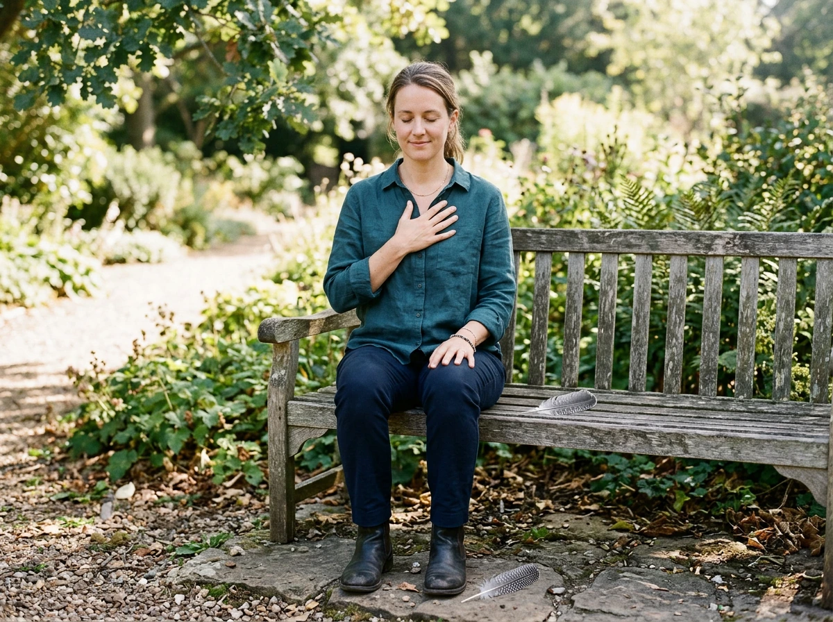 Person grounding themselves with a hand on the chest beside a feather.