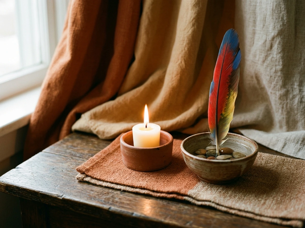 A lit candle, bowl of water, and macaw feather for a simple ritual.