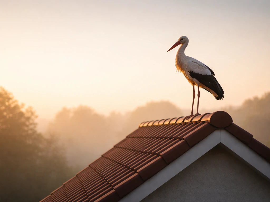 White stork standing on a house roof ridge at dawn with warm sunrise light and soft morning fog.