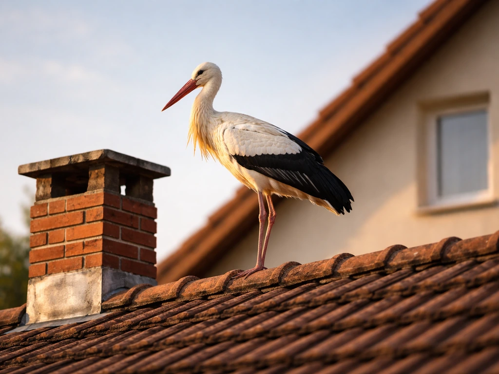 White stork perched on a rooftop edge beside a home, sunlight and calm atmosphere
