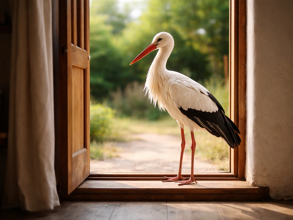 A white stork perched beside an open doorway, symbolizing a new beginning and transition