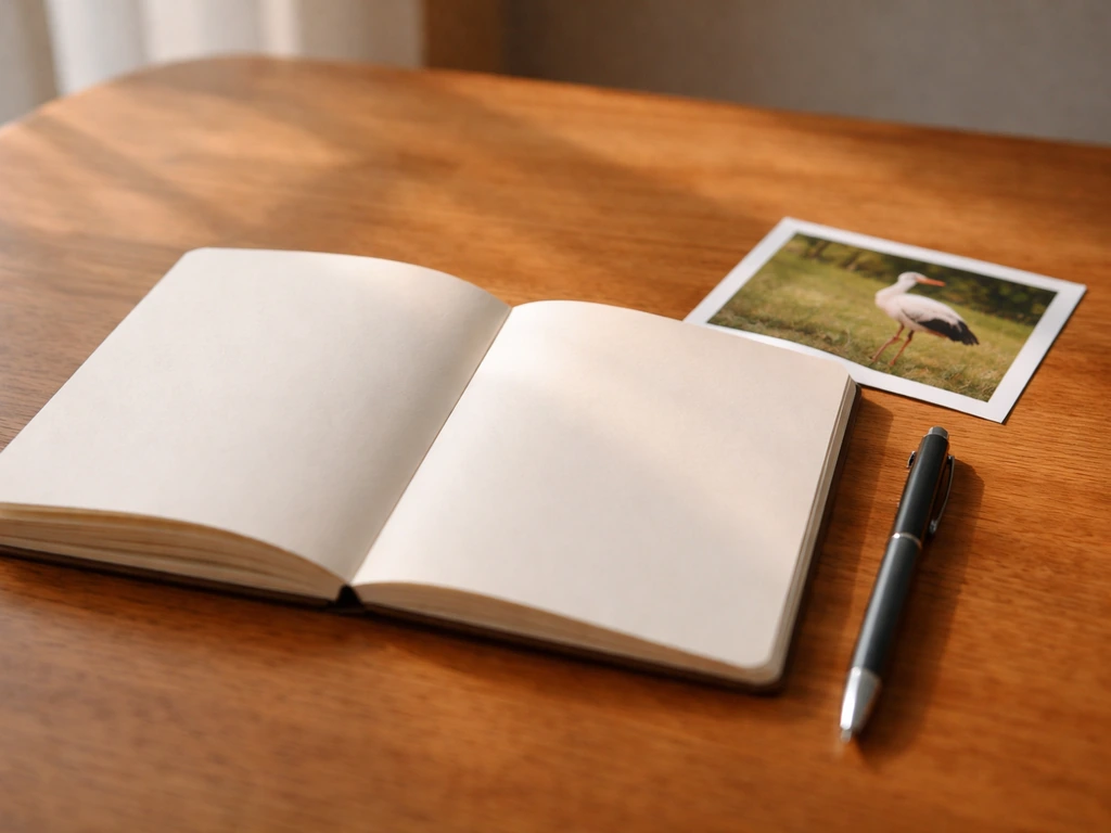 Open notebook with a pen and a small white stork image on a wooden table for journaling.