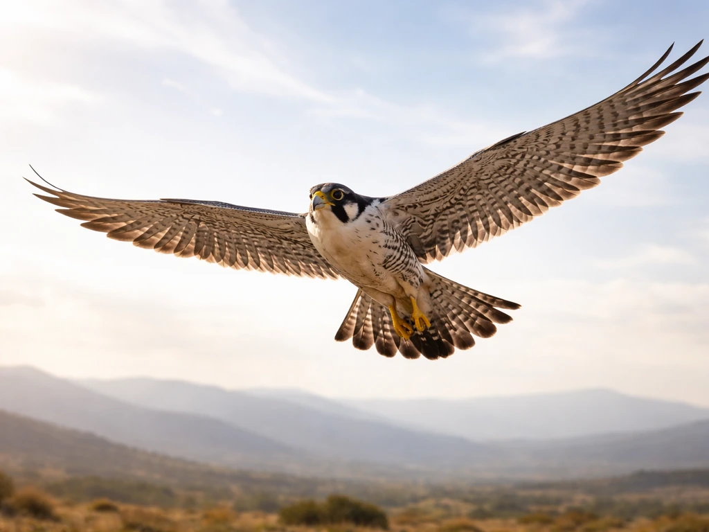 A falcon soaring mid-flight over an open sky, suggesting vision, courage, and protective guidance.