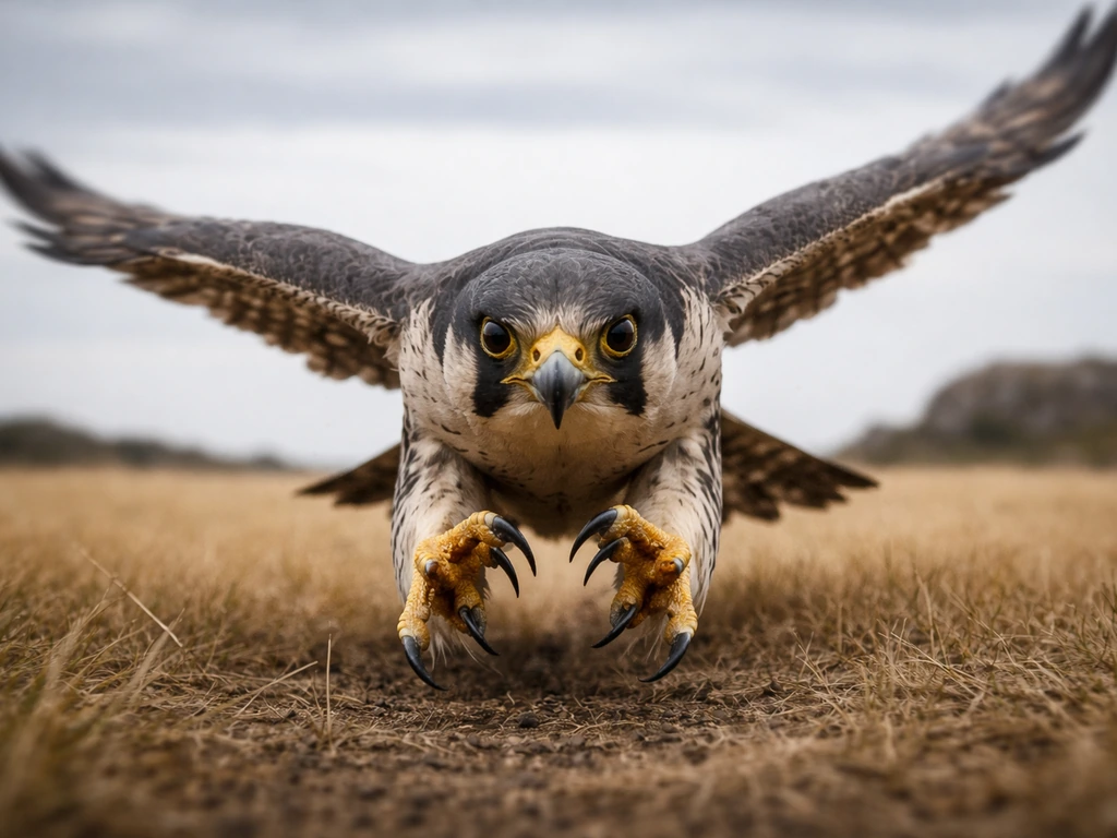 A falcon swoops low toward the foreground over an open field, creating an urgent, urgent feeling.