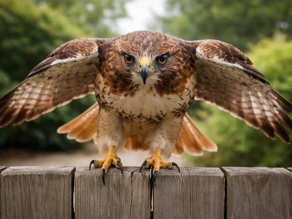 A red-tailed hawk/falcon hovering low near a patio fence, facing the camera at close range