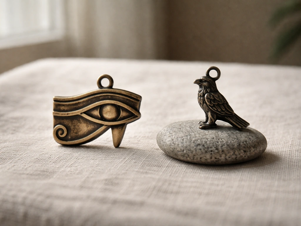 Two small charms on a neutral cloth: Eye-of-Horus style amulet and a falcon silhouette charm.