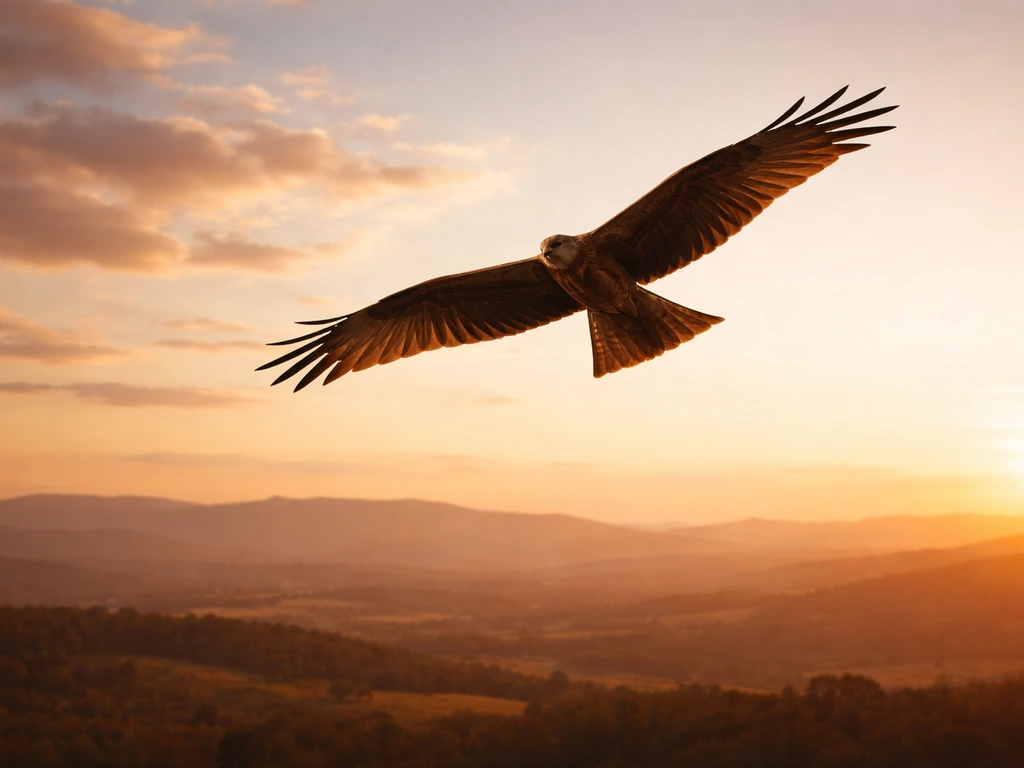 A black kite glides above an open landscape at golden hour, serene and uplifting.