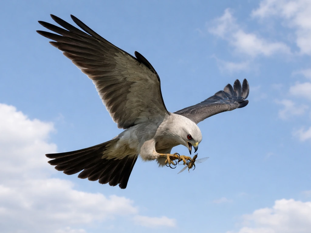 Mississippi kite in mid-air catching insects, wings outstretched against an open sky.