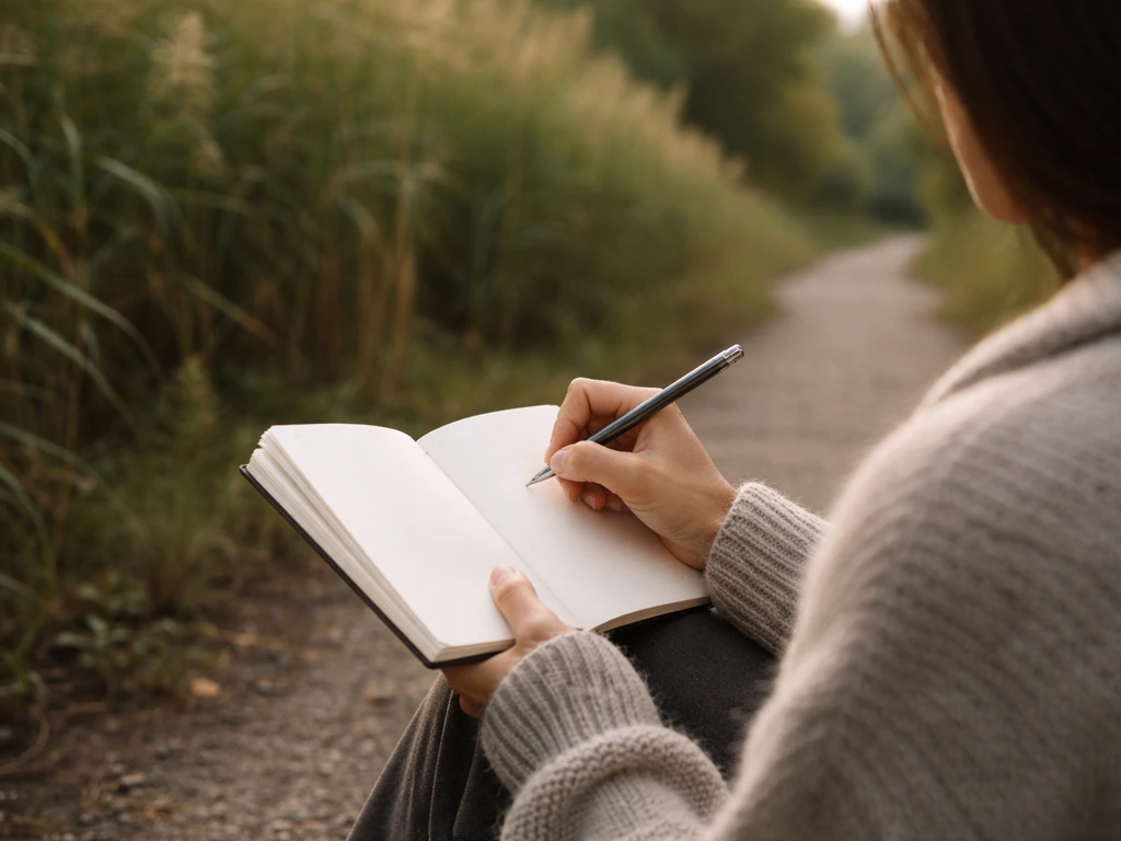 Person outdoors writing in a simple notebook with a pen, quietly reflecting on a nature encounter.