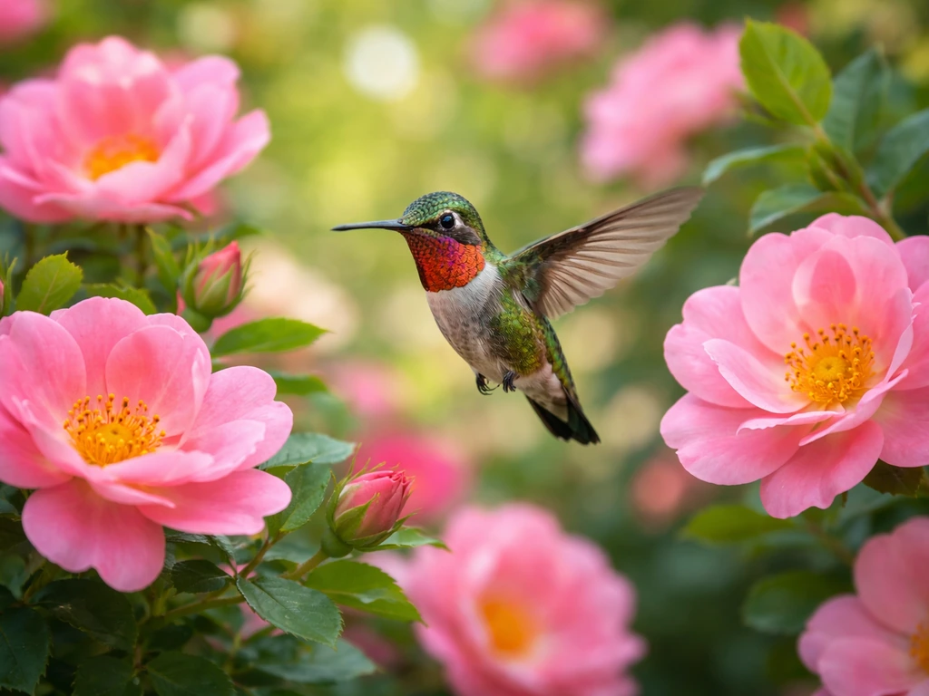 A vibrant hummingbird hovering in front of blooming rose-like flowers in soft natural light.
