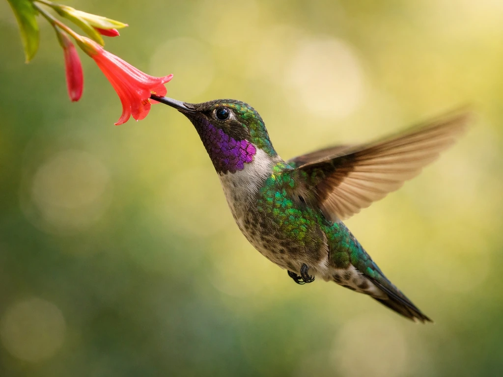 Small iridescent hummingbird hovering and feeding from a red flower nectar in natural light.