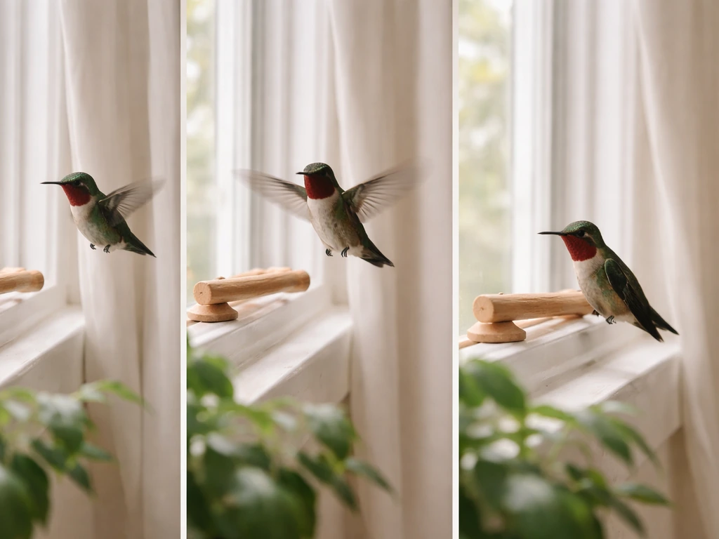 A small hummingbird hovers near a window perch beside a houseplant, captured in a calm, repeat-sighting feel.