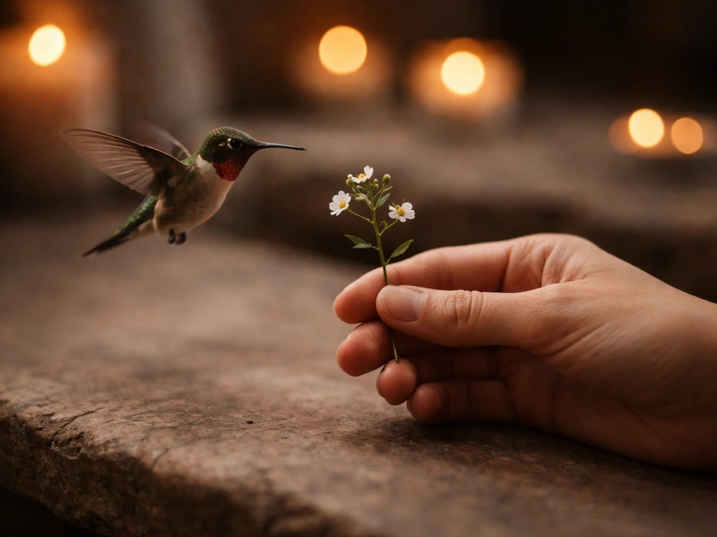 A hummingbird hovers beside a hand holding a small flower in a quiet, meaningful moment.